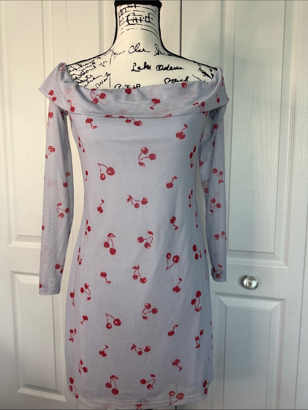Tinseltown Off-Shoulder Cherry Print Mini Dress - Red on Light Gray